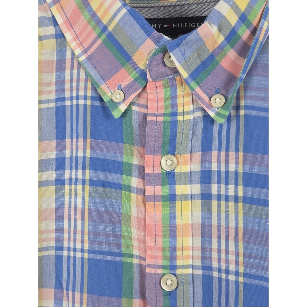 Tommy‎ Hilfiger Mens 2XL Linen Blend Shirt Custom Fit Pastel Plaid Beach Cruise